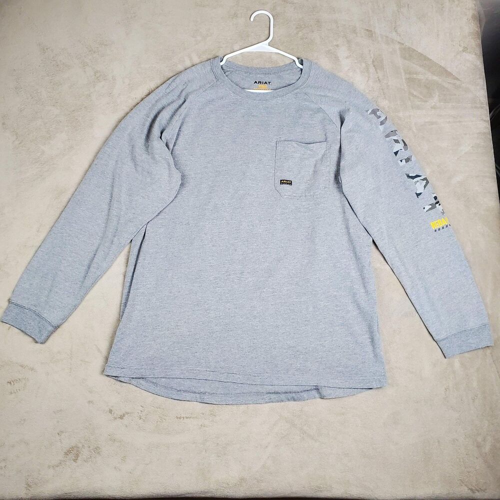 Ariat Rebar Shirt Mens XL Gray Long Sleeve Pocket Camo Logo Workwear Tee